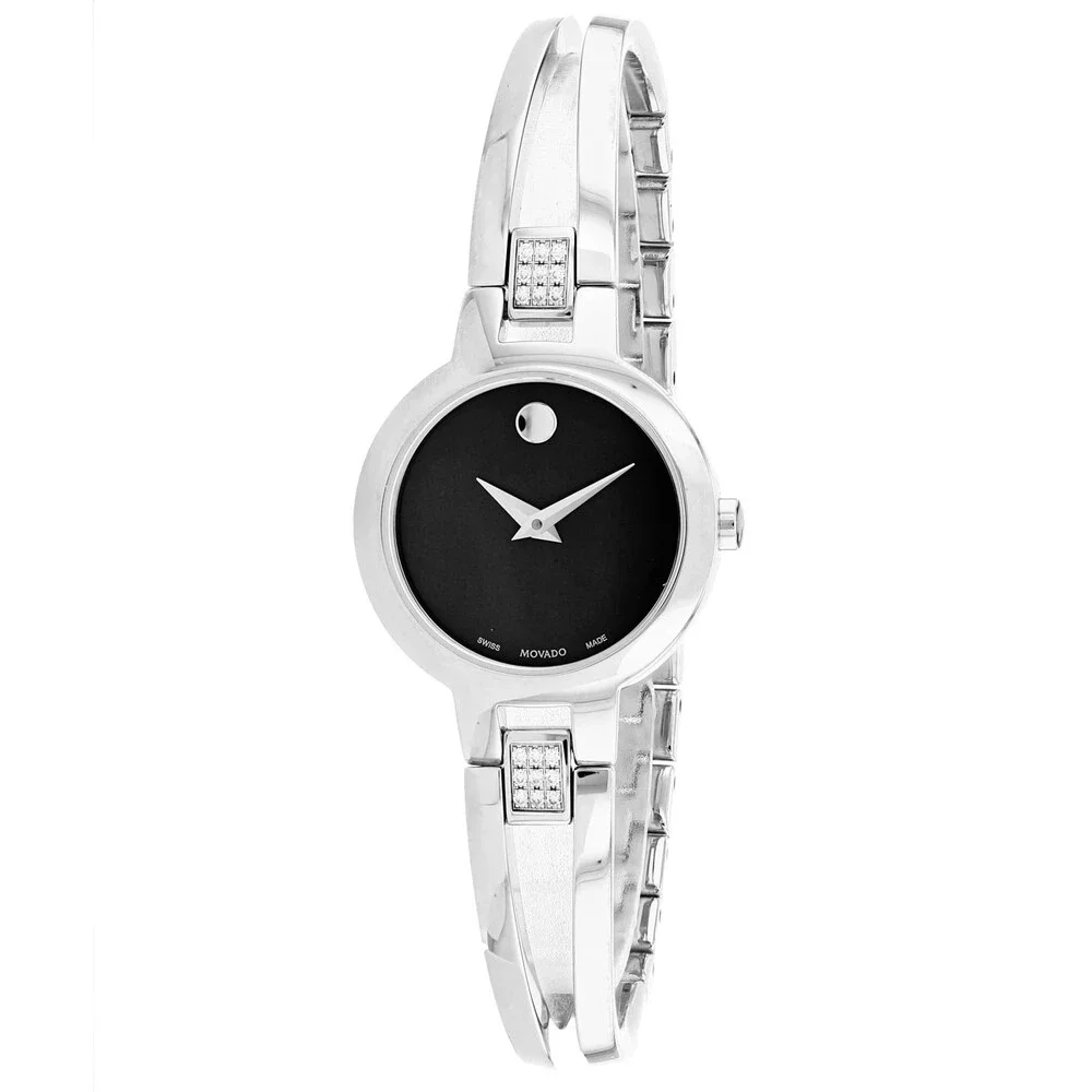 MOVADO AMOROSA 0607154 BLACK DIAL SILVER STAINLESS STEEL BRACELET WOMENS WATCH